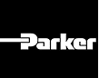 Logo of "Parker" in white text on a black background, featuring a stylized horizontal line extending from the "P" to cross the entire name.